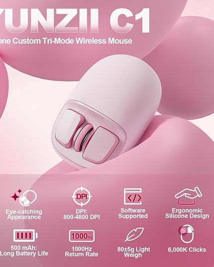 YUNZll C1 Silicone Wireless Mouse, Tri-Mode 2.4G/USB-C/Bluetooth Mouse, 4800 DPl Optical Tracking, 6 Adjustment Levels,Customize Mice for Laptop, Computer, iPad, MacBook (Pink)