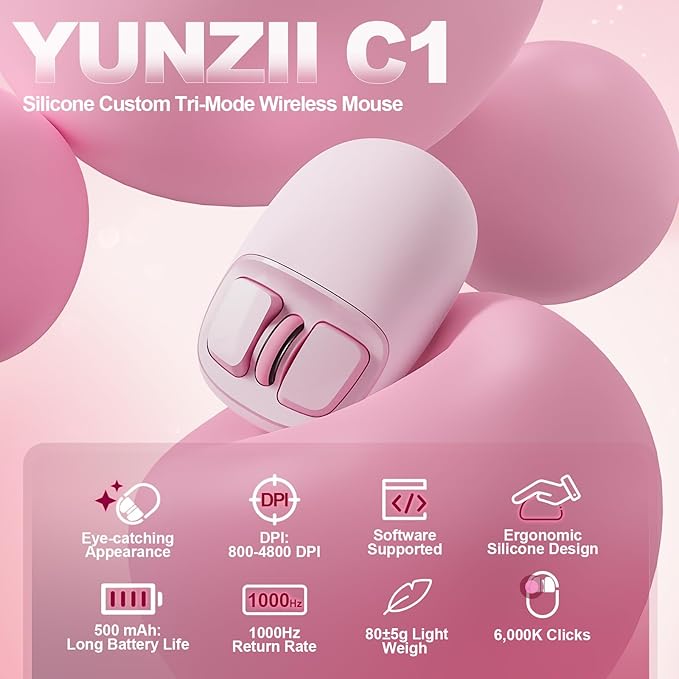 YUNZll C1 Silicone Wireless Mouse, Tri-Mode 2.4G/USB-C/Bluetooth Mouse, 4800 DPl Optical Tracking, 6 Adjustment Levels,Customize Mice for Laptop, Computer, iPad, MacBook (Pink)