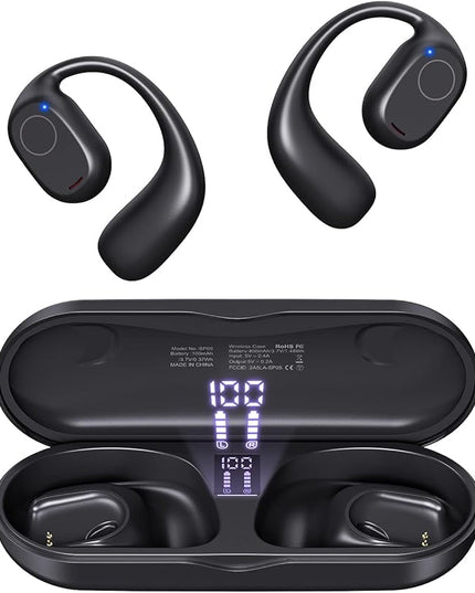 PSIER Open Ear Headphones, Bluetooth 5.3 Wireless Sports Headphones with Digital Display Charging Case 40 Hours Playtime True Earbuds with Earhooks for Running, Walking, Workout