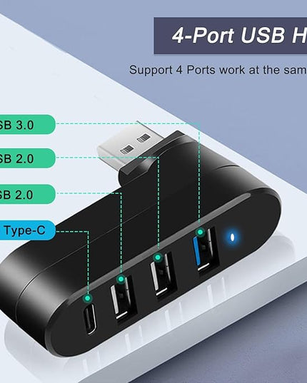 VIENON 4-Port USB 3.0 Hub [90°/180° Degree Rotatable], USB Splitter with PD-in 5W USB C Port, USB Extender for Laptop, Car, iMac, MacBook Air, MacBook Pro, and More