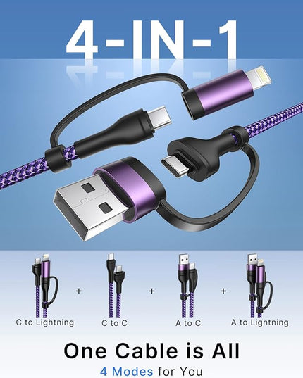 4-in-1 USB C Cable, USBC Lightning Cable USB C to C Charging Cable 60W PD [Fast & Data Sync] 4 in 1 Multi Charger for iPhone 16 15 14 13 12,MacBook Pro 2024 iPad mini 6/Pro,Samsung Galaxy
