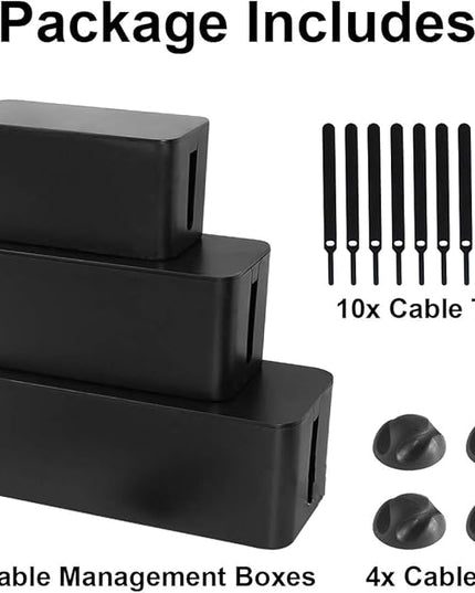 DUNCHATY 3 Pack Cable Organizer Box with Large, Medium, Small Cord Hider Box Safe ABS Material for Cover and Hide TV Wires, Computer, Router, USB Hub and Under Desk Power Strip&Cords