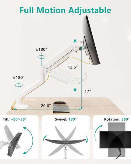 WALI Single Monitor Arm Mount Stand, Adjustable Gas Spring Arm Monitor Mount for Display up to 32 Inch,19.8lbs Capacity (GSMP001W), White