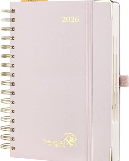 POPRUN 2026 Daily Planner One Page A Day - [8.5" x 5.75" Wire-Bound Hard Cover] Agenda 2026 Hourly Appointment Book with Monthly Calendar, Inner Pocket, Ivory Paper - Light Pink