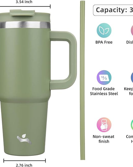 30 oz Tumbler with Handle and 2 Straws,2 in 1 Lid Insulated Water Bottle Stainless Steel Travel Coffee Mug,Army Green