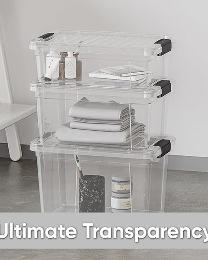 Superio Clear Storage Boxes with Lids, 26 Quart Plastic Container Bins for Organizing, Stackable Crates, BPA Free, Non Toxic, Odor Free, Organizers for Home, Office and Dorm, 8 Pack