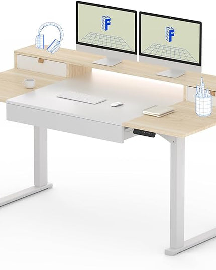 FLEXISPOT 4-Leg Standing Desk with Storage 71x32 in Electric Adjustable Height with 3 Drawers & Shelving Home Office Workstation (White + Maple Top)