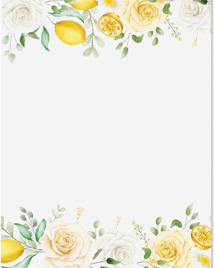 Current Lemon Floral Letter Paper - Spring Stationery Papers With Decorative Flowers and Lemon Border, Printable Holiday, Wedding & Bridal Shower, & Invitation Sheets, Set of 25, 8 1/2" x 11"