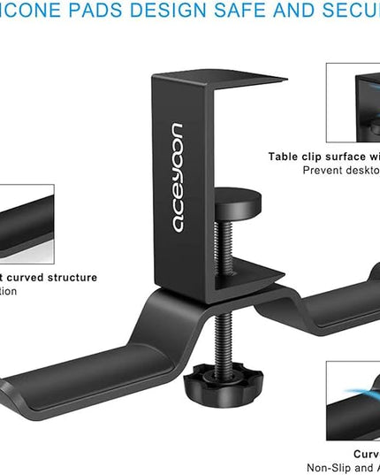 aceyoon Foldable Headphone Stand for Desk, Aluminum Headset Stand Clamp Hook Under Desk Space Save Mount, Headset Holder for Gaming Headphone, Office, Backpack, Bag, Purse Hanging (Black)