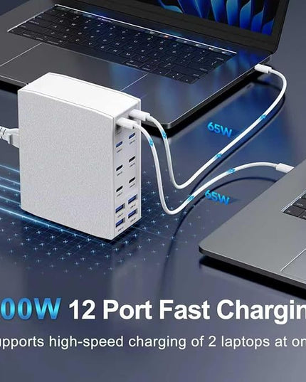 500W USB C Charger Block, 12-Port USB C Charging Station for Multiple Devices, Leather Texture Dual PD 65W Laptop Fast Charger Compatible with MacBook Pro/Air, iPad, iPhone,Galaxy and More, White