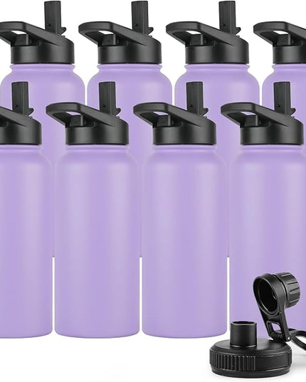 DOMICARE 32 oz Insulated Water Bottle Bulk, Vacuum Insulated Stainless Steel Sports Water Bottle with Straw Lid & Spout Lid, Leakproof, Reusable - Travel, Camping, Bike, Purple (8 Pack)