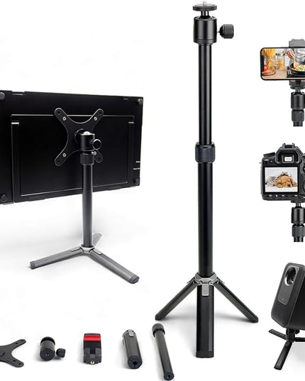 Kado Metal Portable Monitor Stand Tripod, 100x100mm 75x75mm Wall/Arm Mount Adapater Bracket Plate, 360° Ball Head and 1/4" Screw Compact for Phone, Tablet, Projector, Camera and Webcam