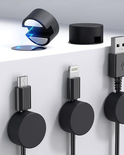 Maveek 5 Pcs Magnetic Cord Holder Cable Management, Strong Cable Clips Magnets Metal Plate, Adhesive Wire Organizers for Nightstand Desktop Wall Kitchen USB LAN (Black)
