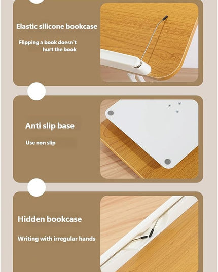 Book Stand for Reading, Wood Reading Rack with 360 Degree Rotating Base Page Clip Adjustable Height Book Holder Foldable Laptop Holder for Reader Office Kitchen School Tablet