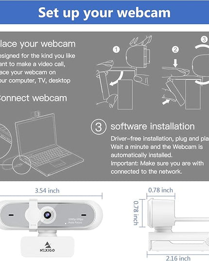 NexiGo N660P (Gen 2) 1080P 60FPS Webcam with Software Control, Dual Microphone & Cover, Autofocus, HD USB Computer Web Camera, for OBS/Zoom/Skype/FaceTime/Teams/Twitch, White