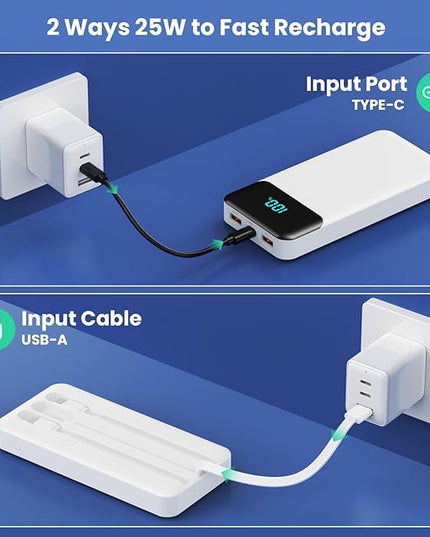 Portable Charger Power Bank 40800mAh with 3 Built-in Cables,25W Fast Phone Charging Portable Battery Pack,5 Outputs Travel Essentials Outdoor External Battery for iPhone 17/16,Galaxy Android etc-White