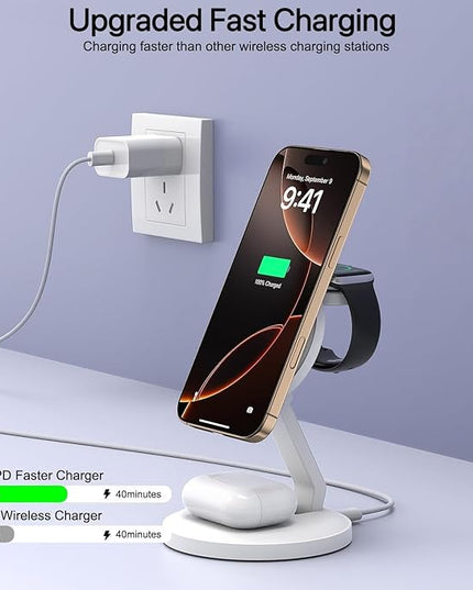 3 in 1 Foldable Magnetic Wireless Charging Station,iPhone Mag-Safe Charger,15W Fast MagSafe Charger Stand for Apple iPhone16Pro Max/16 Pro/15 ProMax/14/13/12,Apple Watch Ultra/2/SE to S9,AirPods Pro 3