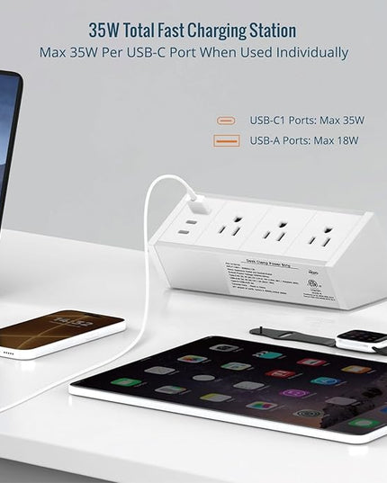 Tecmojo Desk Clamp Power Strip 3 Outlet with 1 USB A and 2 USB C Ports, 6 ft Cord, Desk Outlet Station Fit 1.6" Tabletop Edge,ETL Listed,White