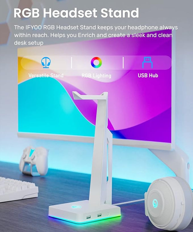 IFYOO RGB Gaming Headset Stand with 2 USB Ports, Game Headphone Mount for PC, Xbox One, PS4, Switch, Earphone Holder Hanger, Great for Gaming Stations, Fancy Desk Gamer Accessories, White