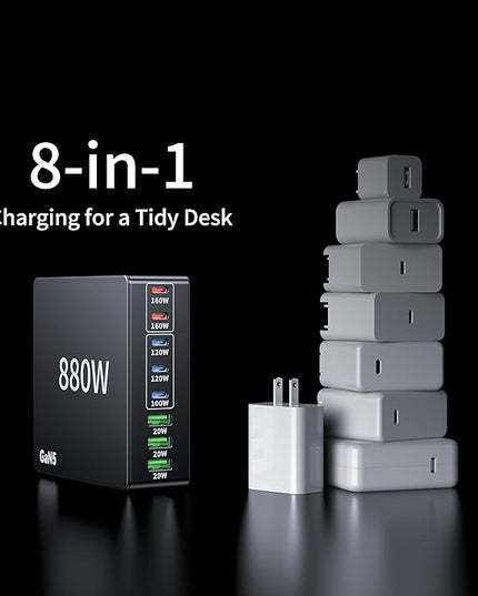 880W USB C Charger Block Charging Station 8 Port Fast Chager 140W PD PPS AVS HUB Laptop MacBook Charger Compatible with All iPhone 17 Pro Max/17 Air/16 SE/Samsung Galaxy 25/ MacBook Pro/Air/iPad Pro