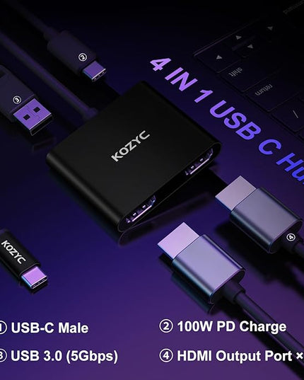 USB C to Dual HDMI Adapter 4K@30Hz, USB C Hub Multiport Adapter with 2xHDMI, USB 3.0, 100W PD, Support USB C to HDMI Splitter Extended Display (MST Only Support Windows), Black