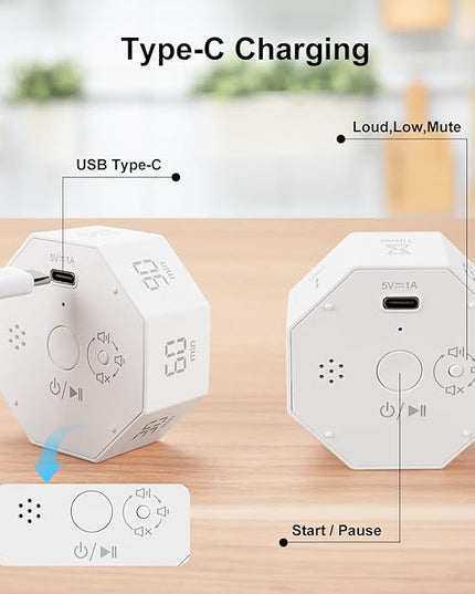 Rechargeable Pomodoro Timer, 8-Angle Auto-Rotating Screen with Gravity Sensor, Digital Timers for Classroom, Small Kitchen Timers for Cooking, Work and Study (Pearl White)