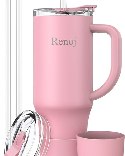 Renoj Tumbler with Handle 100% Leak Proof Insulated Water Bottle for Iced Coffee & Hot Drinks - Fits Car Cup Holder, Ideal Gift, 2 Straws & Silicone Boot BPA-Free - SnapShift Pink 32 oz