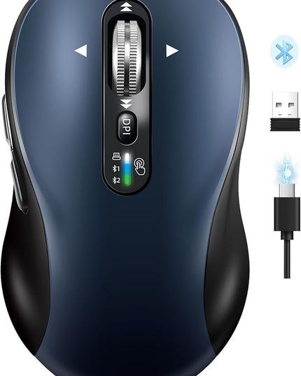 Bluetooth Wireless Mouse for Laptop,USB+BT×2,USB-C Charging,Quiet 3 Multi Device Mouses,Metal 4-Way Super Scrolling,± 3200 DPI,10 Buttons,Plug&Play,Ergo Computer Cordless Mice,iPad/Tablet/Mac/PC/Phone