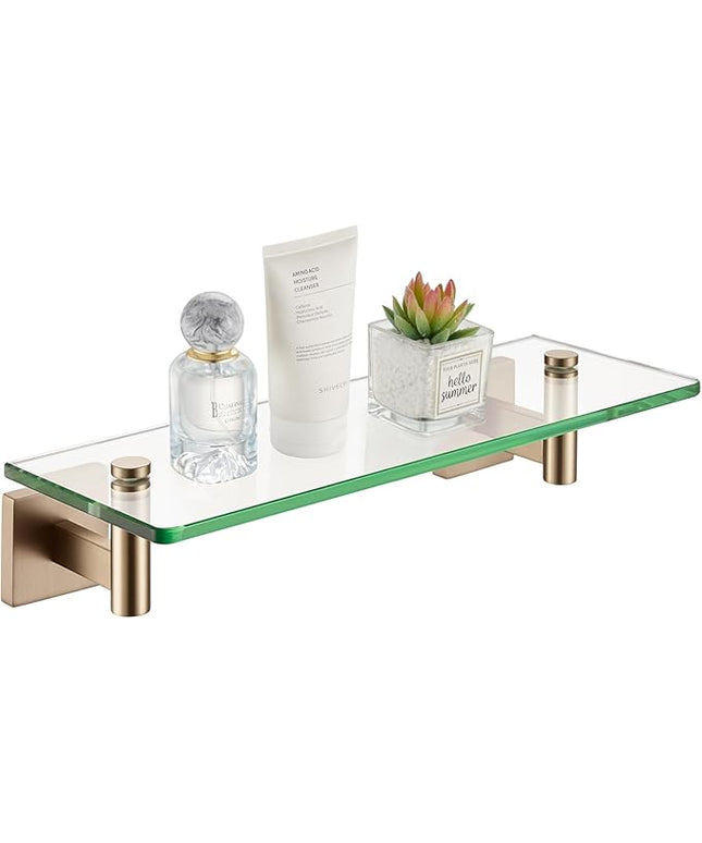 KOKOSIRI Wall Shelves Bathroom Hardware Glass Floating Shelf 12-Inch for Bedroom, Living Room, Kitchen, Hanging Rack Champagne Bronze B1105CPG-L12