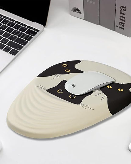 Mouse Pad, Ergonomic Mouse Pad with Wrist Rest Support and Non-Slip PU Base, Cute Computer Mousepad for Pain Relief, Office & Home, Beige Three Cats