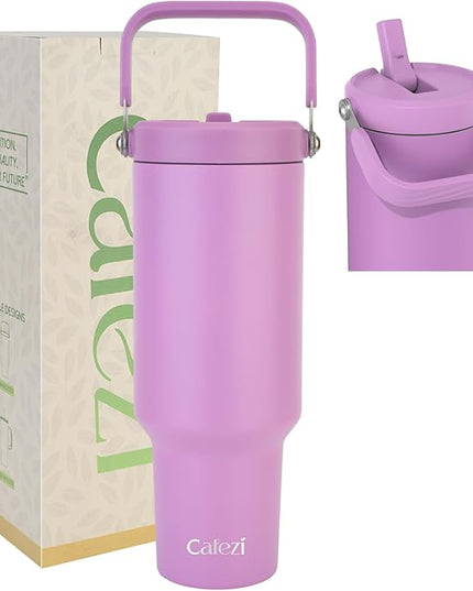 40 oz Insulated Tumbler with Top Handle and Flip Straw, Vacuum Insulated Stainless Steel Cup with Leak-Proof Lid, Sweat-Free, Fits Cup Holder, Keeps Ice Cold up to 30 Hours
