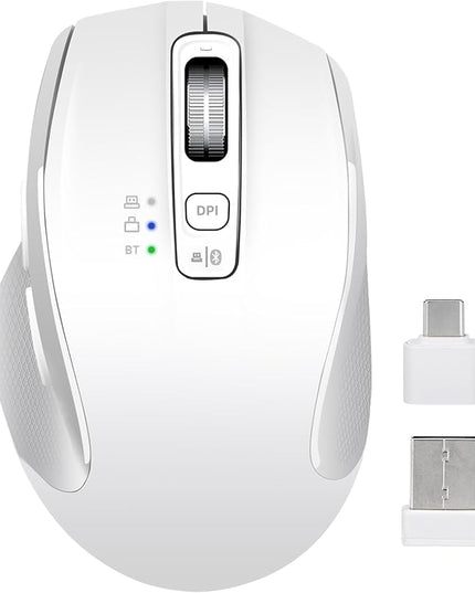 Wireless Mouse with Bluetooth, USB-A, USB-C Receiver, Rechargeable, Full Size Mouse, Silent, Portable, Ergonomic, for MacBook/Laptop/Computer/PC/iPad (White)