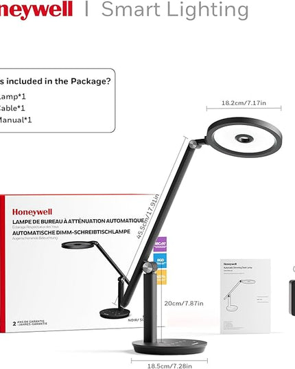 Honeywell Desk Lamp for Home Office, H6 Sunturalux™ Eye-Caring Led Desk Light, 800LM Dimmable Desk Lamp with Timer, Touch Control Tall Desk Reading Light, Table Lamp for Circle Webcam, Study, Bedroom