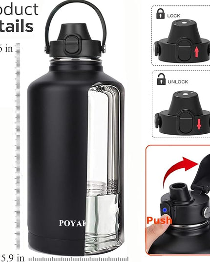 Water Bottle Insulated 32oz 40oz 64oz 128oz Straw Lid Spout Lid & 3 Lids, Leak Proof, Vacuum Insulated,Stainless Steel Water Bottle Wide Mouth for Sports, Gym or Office