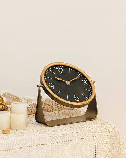 NIKKY HOME Vintage Table Clock, Black Desk Clock on Stand Decorative Desk and Shelf Clocks Metal Tabletop Clock Silent Non-Ticking with Battery Powered for Living Room