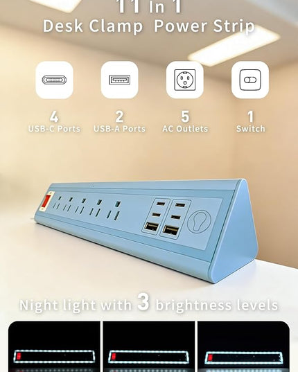 Desk Clamp Power Strip with Nightlight, 40W Fast Charging, 10FT Extension Cord, 4x20W USB-C & 2 USB Ports, 5 AC Outlets, Fits 1.69-Inch Table Edges