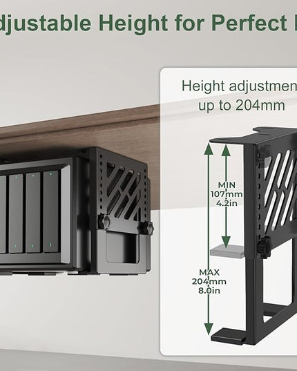 Under Desk Mount Holder for NAS, Mini PC, CPU, UPS, DVD, DVR, SFF Desktop Tower, Xbox Series S, Xbox One S/X, Xbox 360, PS4 Slim/Pro, Adjustable Height Under Desk PC Mount with Cable Straps