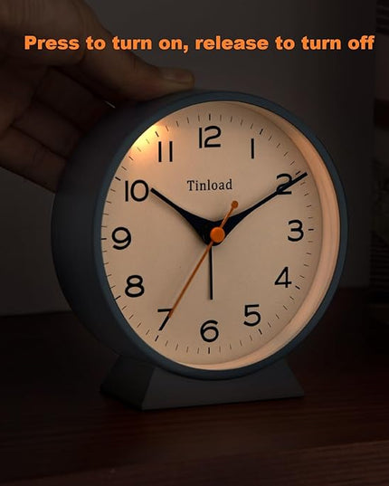 Tinload 4.5" Battery Operated Retro Analog Alarm Clock, Small Silent Bedside Desk Clock,Lighted on Demand, Battery Operated, Snooze, for Living Room, Bedroom, Bedside, Desk(Blue)
