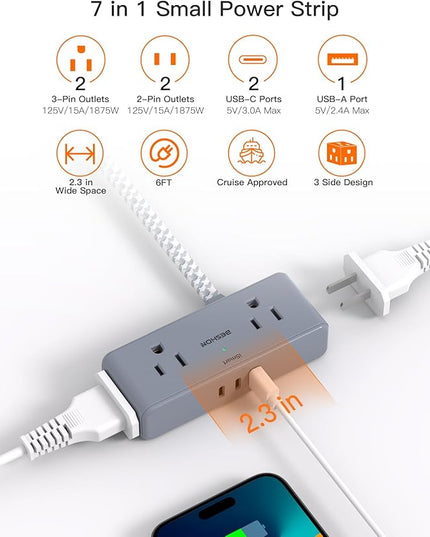 Flat Plug Power Strip 6 feet, 4 Widely Outlets with 3 USB Ports (2 USB C), 3 Side Outlet Extender with Extension Cord with Multiple Outlets for Home, Office, Dorm Room Essentials Gray