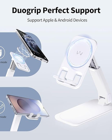 iWALK Magnetic Cell Phone Stand for Desk, Angle and Height Adjustable Mobile Phone Holder, Foldable Magnet Stand for iPhone 17 16 15 14 13 12 Pro Max and iPad, Cell Phone Holder for Samsung, White