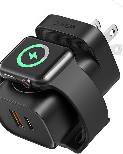 VRURC Charger for iPhone & Apple Watch, 20W USB C Fast Charging Block, 3-in-1 Compact Travel Adapter with 2 Port for iPhone 17/16/15/14/13, Wireless Magnetic for iWatch SE/11/10/9/8/7/6/5/4-Black