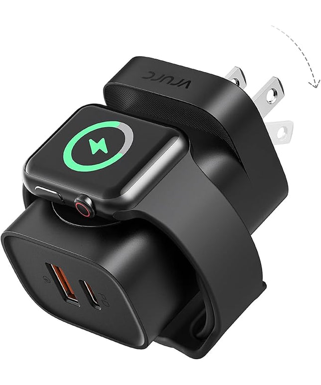 VRURC Charger for iPhone & Apple Watch, 20W USB C Fast Charging Block, 3-in-1 Compact Travel Adapter with 2 Port for iPhone 17/16/15/14/13, Wireless Magnetic for iWatch SE/11/10/9/8/7/6/5/4-Black
