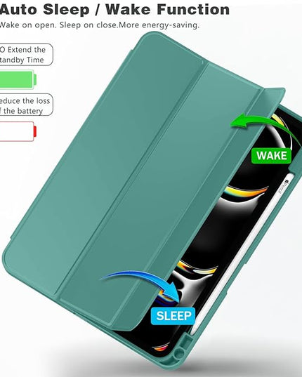 ZryXal iPad Pro 11 Inch Case (M5) 2025/ (M4) 2024 (Model: A2836/A2837/A3006), Trifold Stand Smart Cover with Pencil Holder and Soft TPU Back, Auto Wake/Sleep (Forest Green)