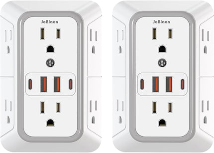 2 Pack Outlet Extender Surge Protector, 6 Outlet Splitter with 4 USB Outlet (2 USB A,2 USB C), 3Sided Power Strip with Adapter Spaced Outlets for Home, Office, Travel(White)