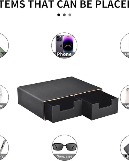 Linen Leather Desk Organizer and monitor stand with Drawers－Mini Desktop Drawer Organizer Stackable－Tabletop Organization Storage Box for Office Supplies Home Vanity Toiletries (Black, 2-drawers)