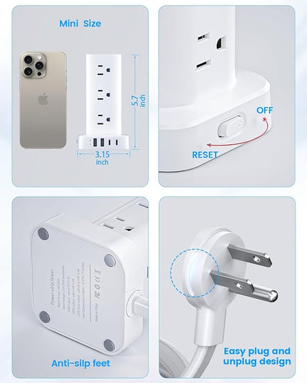 Tower Power Strips with Surge Protection, 6FT Flat Extension Cord with Multiple Outlets, 12 AC 4 USB Ports, Overload Protection Charging Station for Office Home Dorm Room Travel (White)