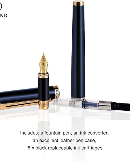 HDDNB Blue Luxury Fountain Pen Set for Men and Women with Gift Box, 24K Gold Finish and Gilded Nib(Fine) with 5 Black Ink Cartridges and Converter