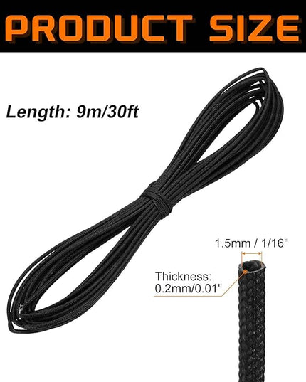 MECCANIXITY 30ft Braided Cable Sleeve, 1/16" ID 200C High Temperature 1500V Fiberglass Wire Insulation Cord Protector Organizer Wires Management for Motor Engine Fuel Line, Black