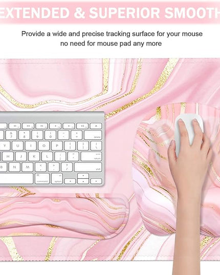 Keyboard Wrist Rest Large Mouse Pad Wrist Support for Computer, 4 in 1 Memory Foam Keyboard Pad Desk Mat Ergonomic Hand Rest Wrist Cushion for Home Office Gaming - Pink Marble