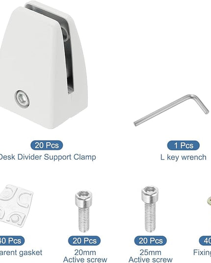 PATIKIL 20Pcs Office Desk Partition Support Bracket, Aluminum Alloy Sneeze Guard Support Clamps Desktop Divider Clips for Offices Stores Counter Privacy Panel, Matte White